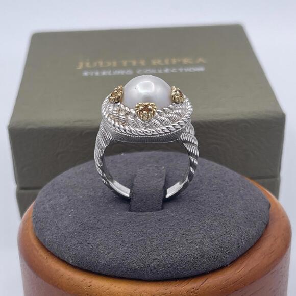 Judith Ripka Freshwater Pearl Citrine Ring 925 Sterling Silver Cable Band Size 8 - Picture 4 of 11